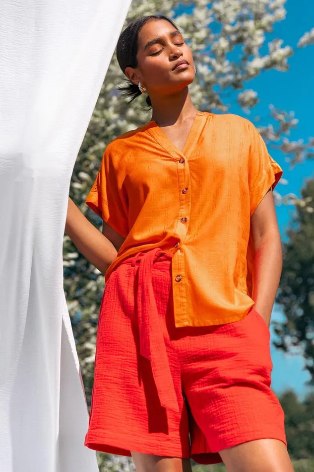 Women Orange Plain Button Through Relaxed VNeck Shirt Roman Tops