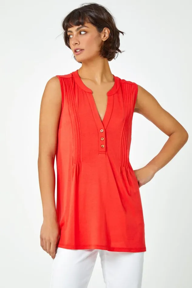 Women Orange Sleeveless VNeck Button Detail Vest Roman Tops