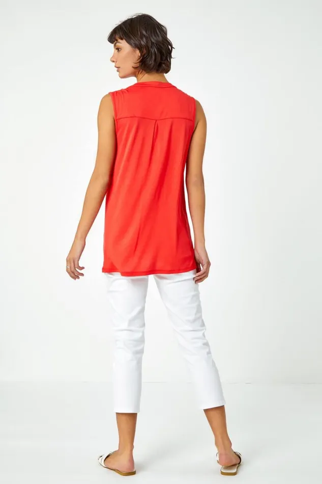 Women Orange Sleeveless VNeck Button Detail Vest Roman Tops