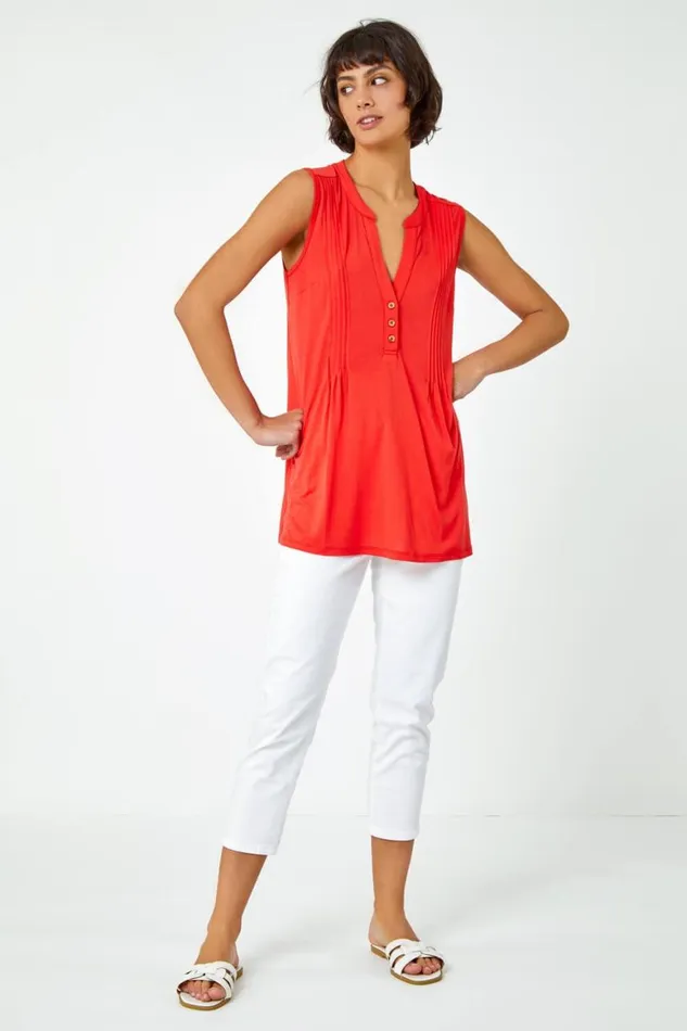 Women Orange Sleeveless VNeck Button Detail Vest Roman Tops