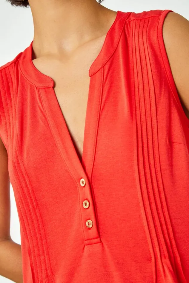 Women Orange Sleeveless VNeck Button Detail Vest Roman Tops