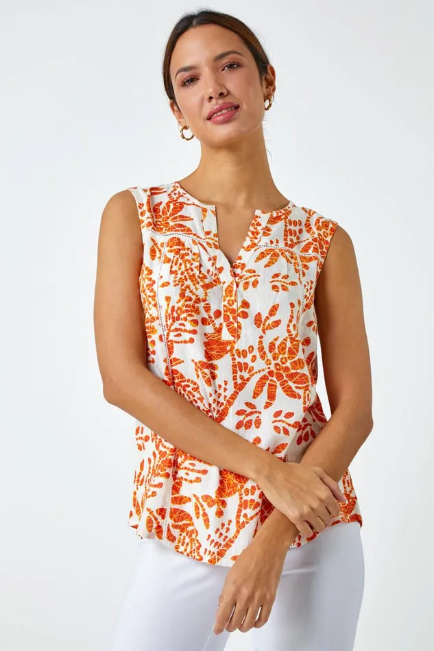 Women Orange Sleeveless VNeck Floral Print Vest Roman Tops