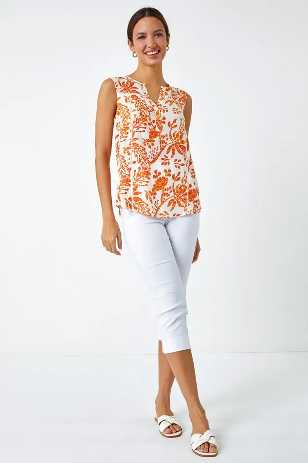 Women Orange Sleeveless VNeck Floral Print Vest Roman Tops