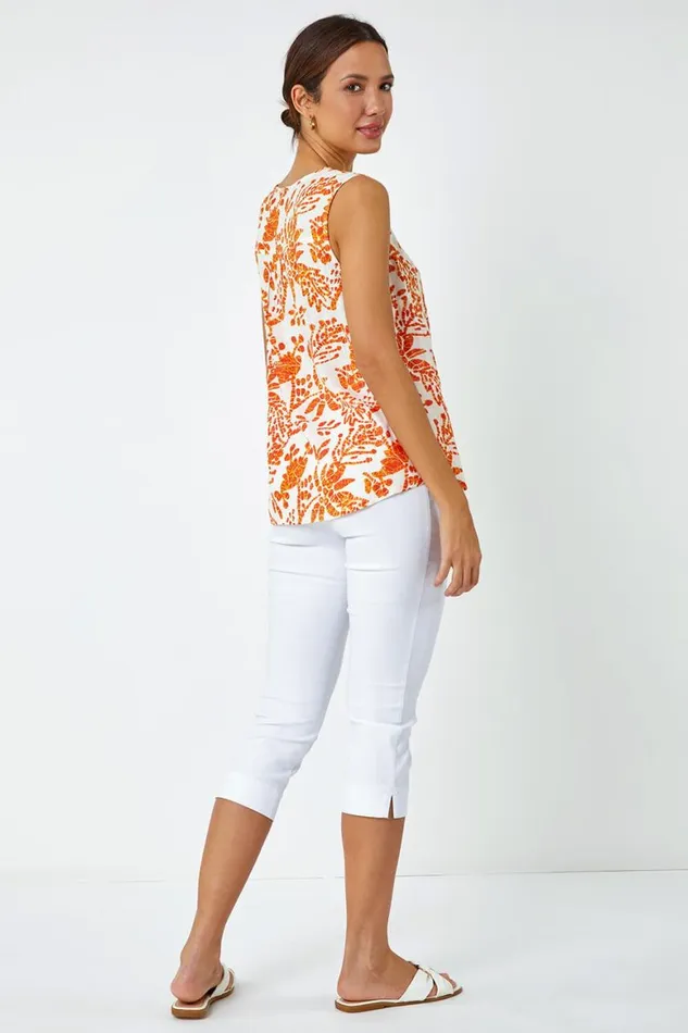 Women Orange Sleeveless VNeck Floral Print Vest Roman Tops