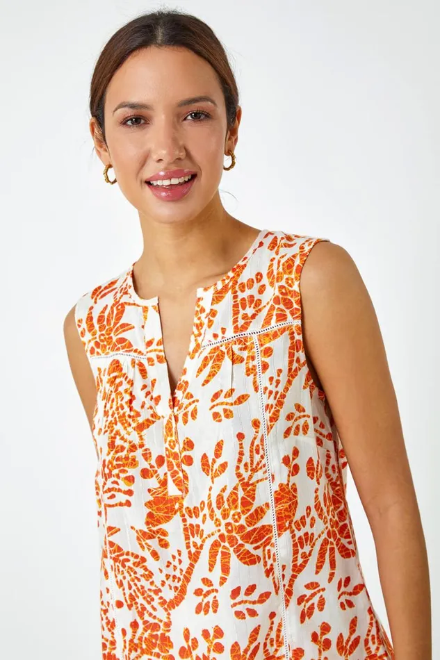 Women Orange Sleeveless VNeck Floral Print Vest Roman Tops