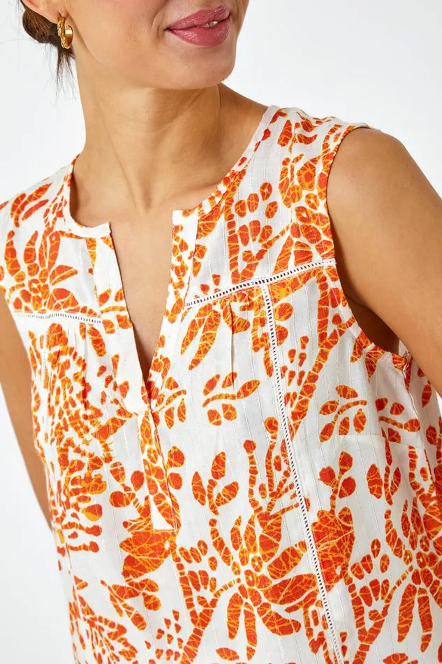 Women Orange Sleeveless VNeck Floral Print Vest Roman Tops