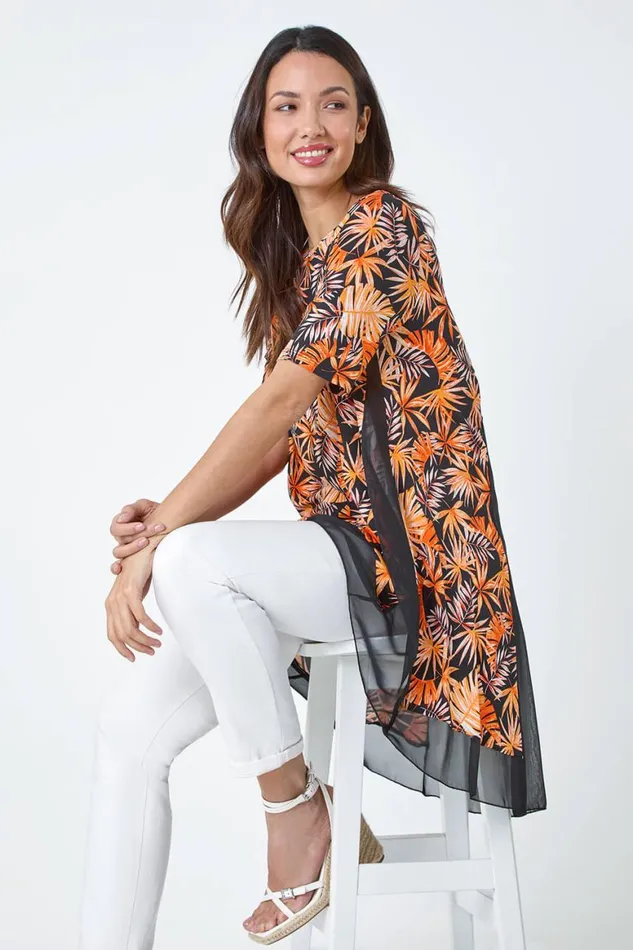Women Orange Tropical Print Chiffon Hem Stretch Top Roman Tops