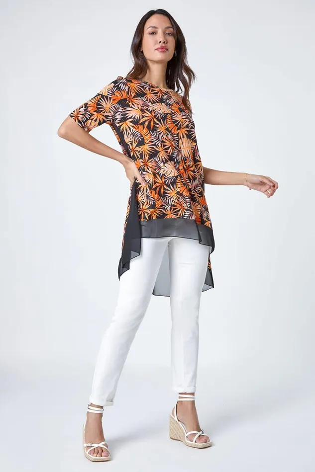 Women Orange Tropical Print Chiffon Hem Stretch Top Roman Tops