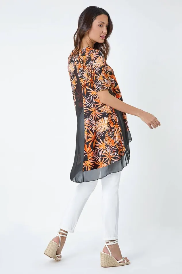 Women Orange Tropical Print Chiffon Hem Stretch Top Roman Tops