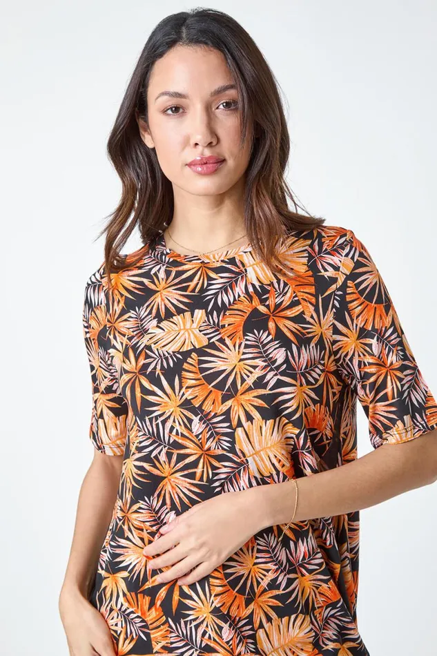 Women Orange Tropical Print Chiffon Hem Stretch Top Roman Tops