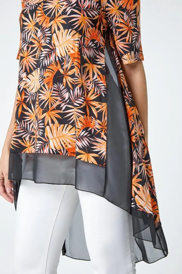 Women Orange Tropical Print Chiffon Hem Stretch Top Roman Tops