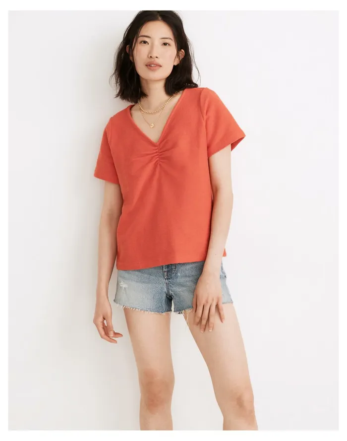 Women Ottoman Jacquard Ruched Front Top Blood Orange Madewell Tees