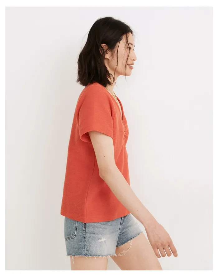 Women Ottoman Jacquard Ruched Front Top Blood Orange Madewell Tees Women Ottoman Jacquard Ruched Front Top Blood Orange Madewell Tees