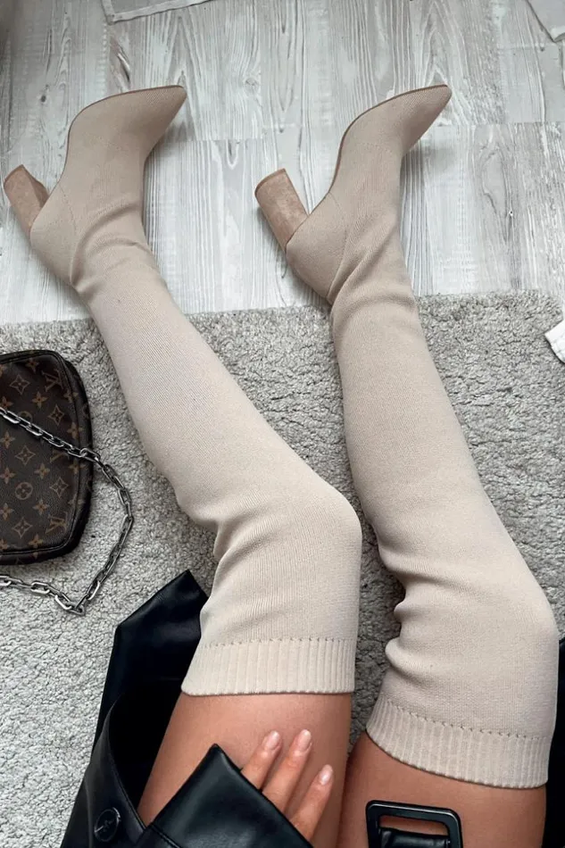 Women Over The Knee Block Heel Boots In Beige Knit Beige Brentiny Paris Thigh Boots