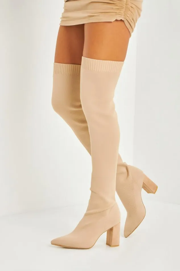 Women Over The Knee Block Heel Boots In Beige Knit Beige Brentiny Paris Thigh Boots