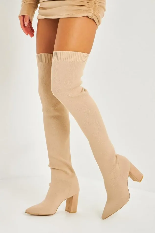 Women Over The Knee Block Heel Boots In Beige Knit Beige Brentiny Paris Thigh Boots