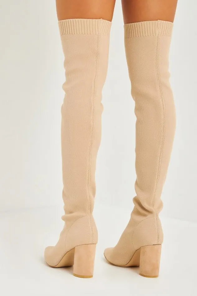 Women Over The Knee Block Heel Boots In Beige Knit Beige Brentiny Paris Thigh Boots