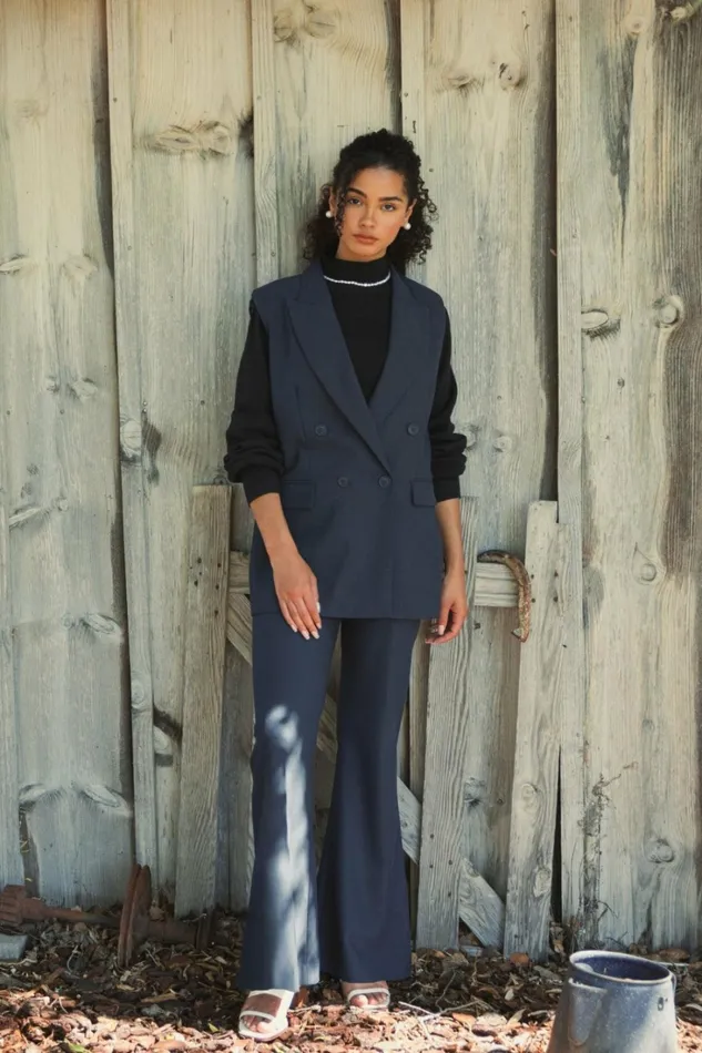 Women Pants Mac Duggal Navy Classic Crepe Flared Trouser Pant 8211 FINAL SALE Navy