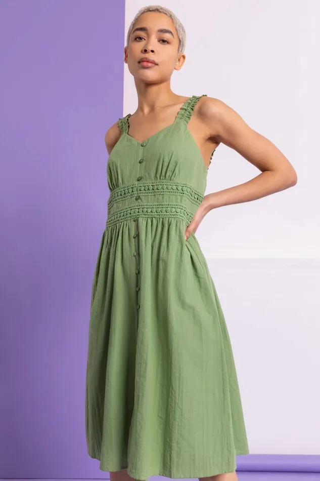 Women Pea Green Shirred Lace Detail Sundress Roman Dresses