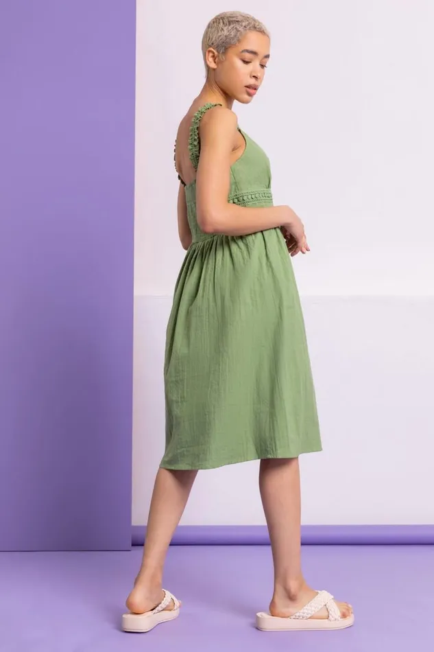 Women Pea Green Shirred Lace Detail Sundress Roman Dresses