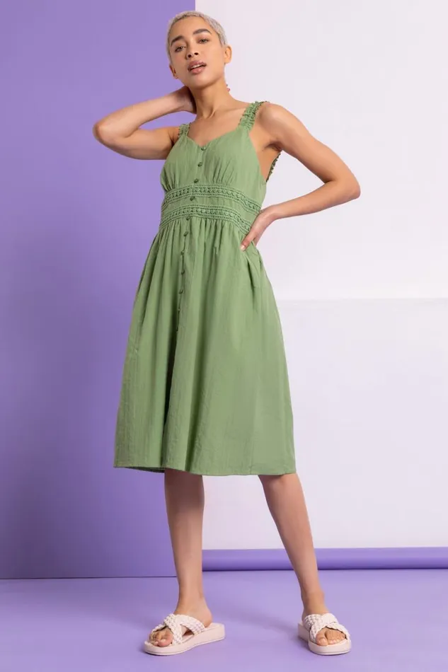 Women Pea Green Shirred Lace Detail Sundress Roman Dresses