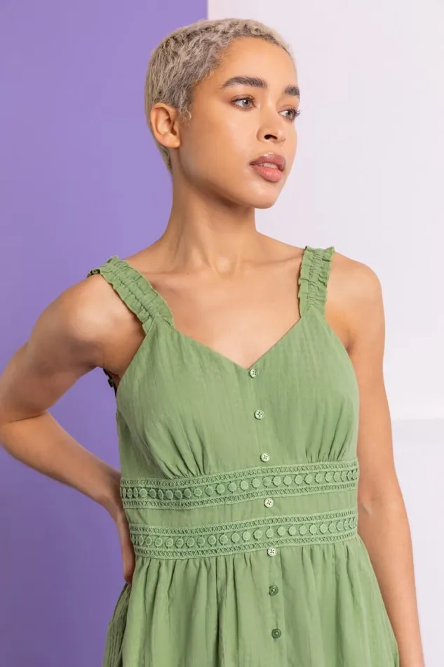 Women Pea Green Shirred Lace Detail Sundress Roman Dresses