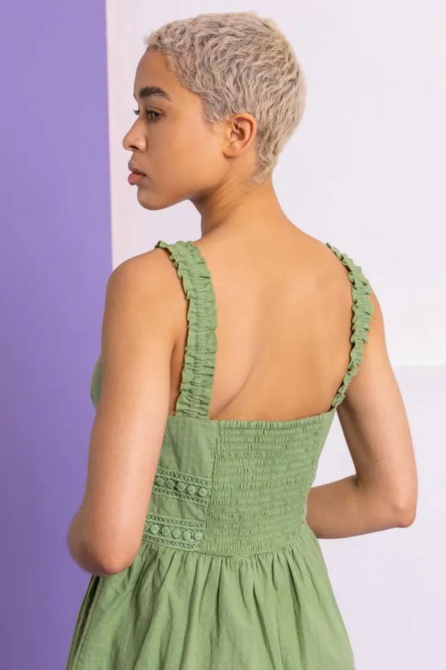 Women Pea Green Shirred Lace Detail Sundress Roman Dresses