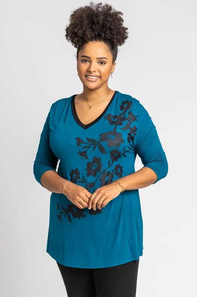 Women Petrol Blue Curve Floral Embellished Jersey Top Roman Tops
