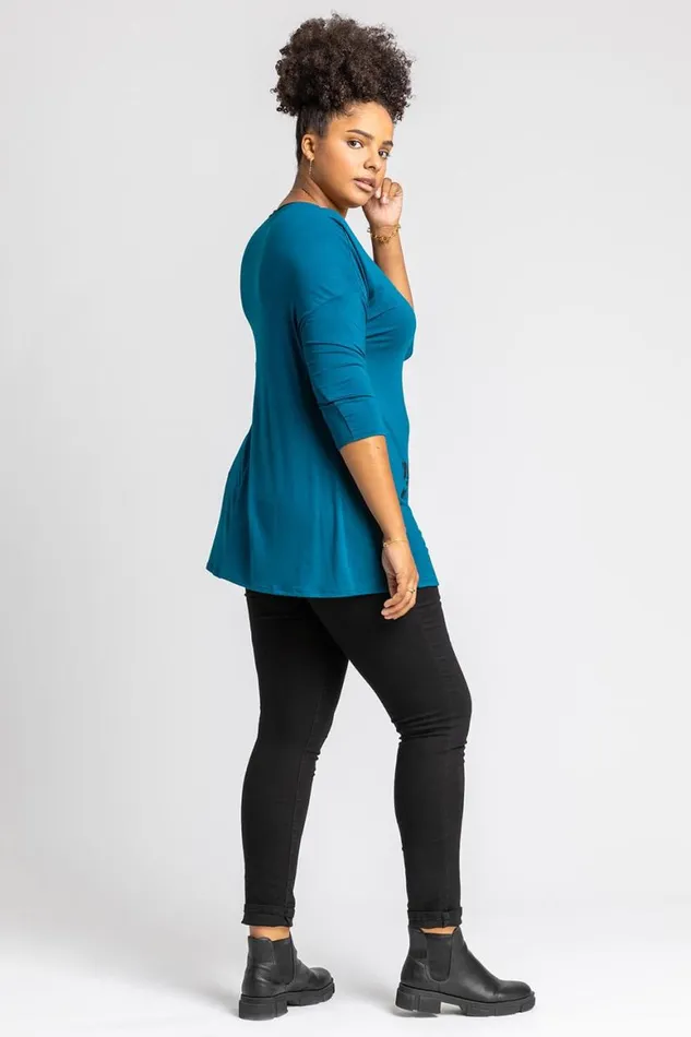 Women Petrol Blue Curve Floral Embellished Jersey Top Roman Tops