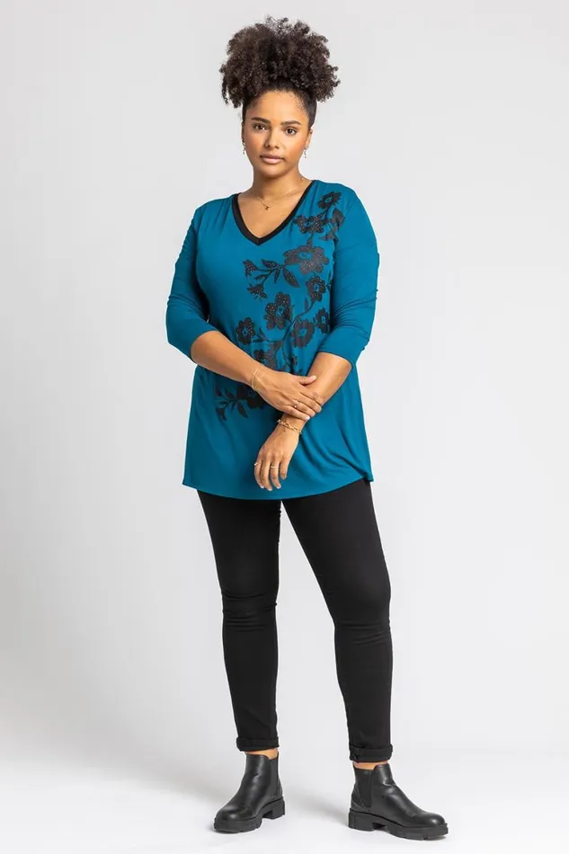 Women Petrol Blue Curve Floral Embellished Jersey Top Roman Tops