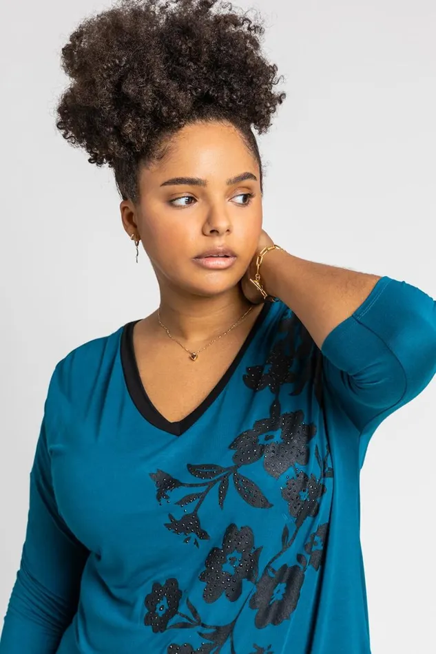 Women Petrol Blue Curve Floral Embellished Jersey Top Roman Tops
