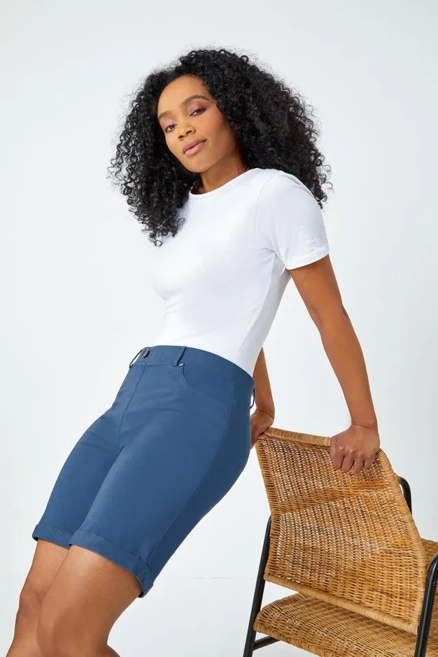 Women Petrol Blue Petite Turned Hem Elastic Waist Shorts Roman Coords