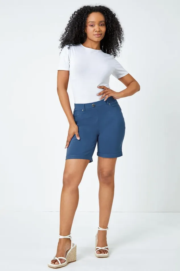 Women Petrol Blue Petite Turned Hem Elastic Waist Shorts Roman Coords
