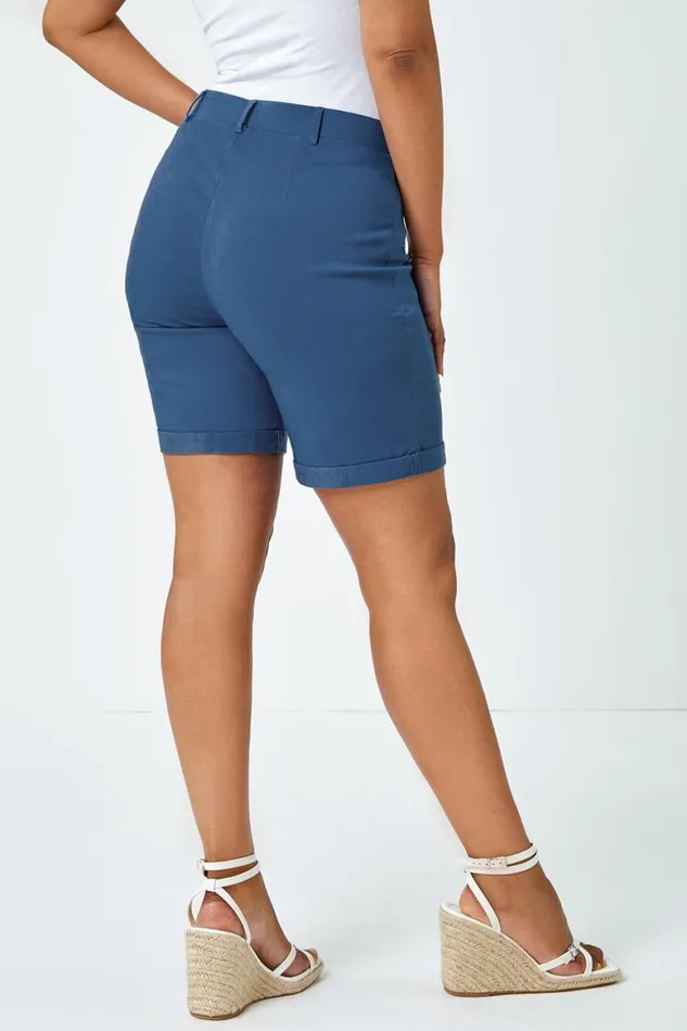 Women Petrol Blue Petite Turned Hem Elastic Waist Shorts Roman Coords