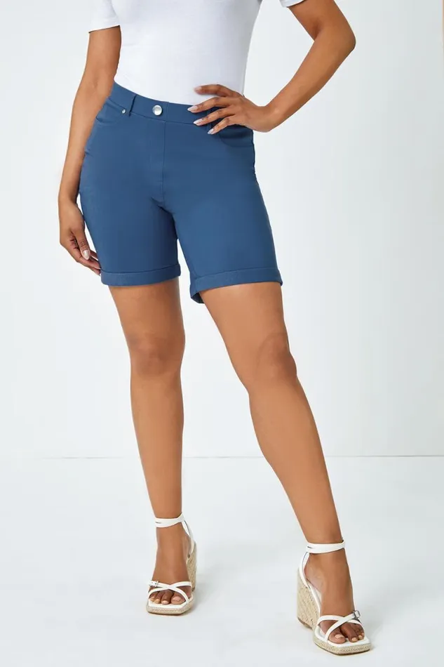 Women Petrol Blue Petite Turned Hem Elastic Waist Shorts Roman Coords