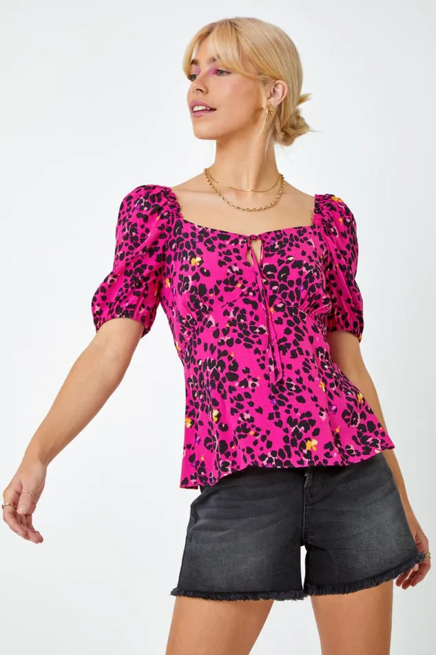 Women Pink Animal Print Tie Neck Peplum Top Roman Tops
