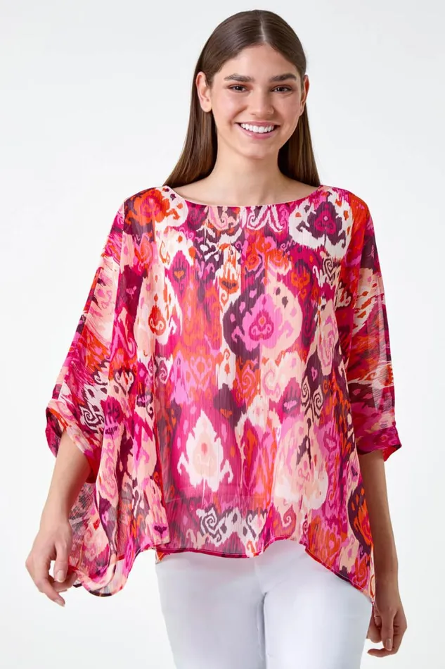 Women Pink Aztec Print Chiffon Overlay Top Roman Tops
