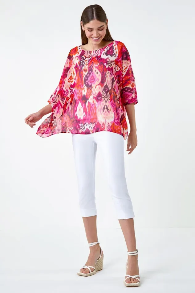 Women Pink Aztec Print Chiffon Overlay Top Roman Tops