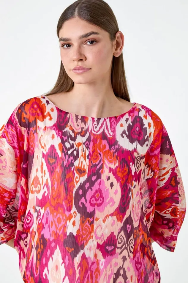Women Pink Aztec Print Chiffon Overlay Top Roman Tops