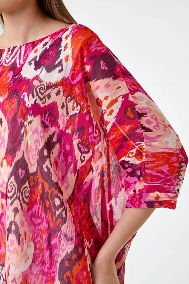 Women Pink Aztec Print Chiffon Overlay Top Roman Tops