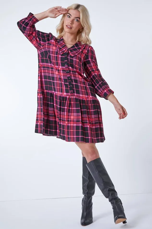 Women Pink Checked Tunic Mini Dress Roman Dresses