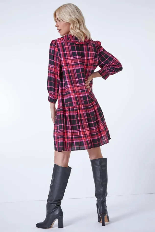 Women Pink Checked Tunic Mini Dress Roman Dresses