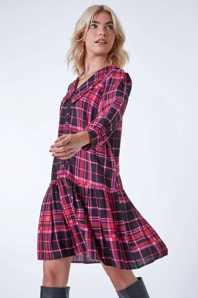 Women Pink Checked Tunic Mini Dress Roman Dresses