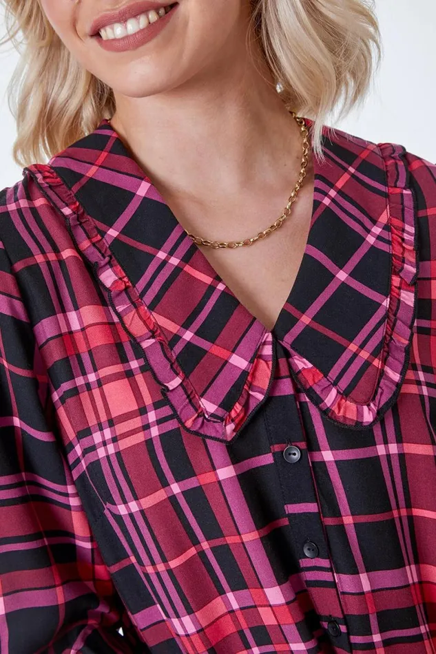 Women Pink Checked Tunic Mini Dress Roman Dresses