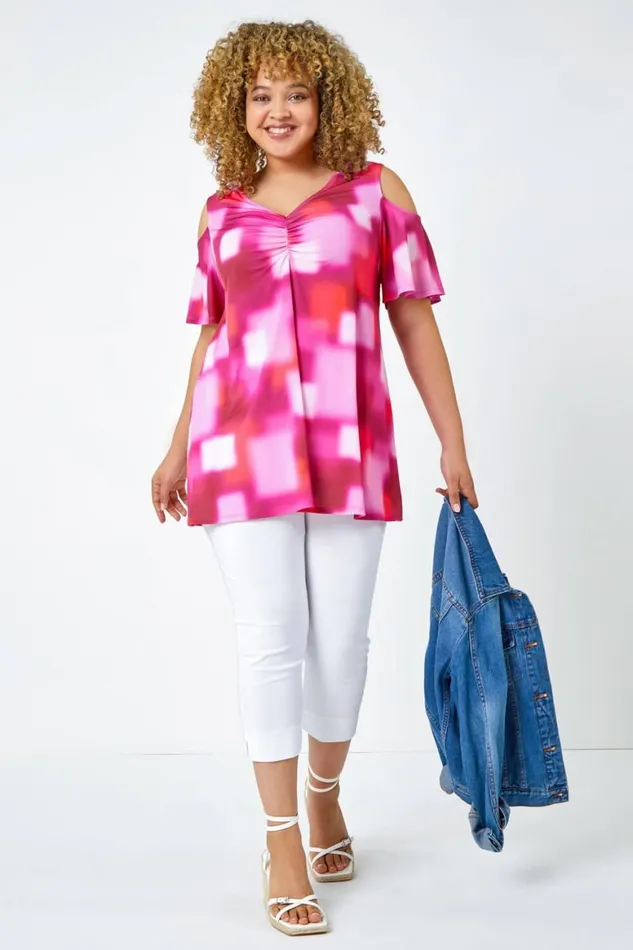 Women Pink Curve Abstract VNeck Cold Shoulder Top Roman Tops