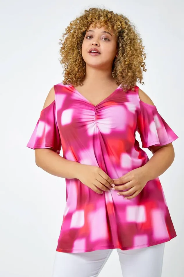 Women Pink Curve Abstract VNeck Cold Shoulder Top Roman Tops