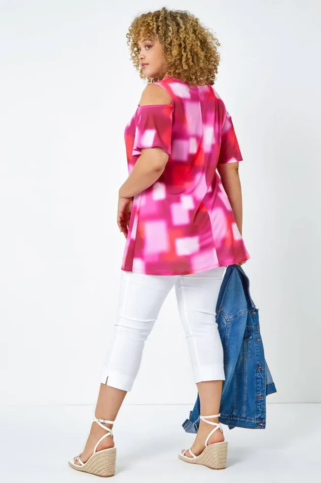 Women Pink Curve Abstract VNeck Cold Shoulder Top Roman Tops
