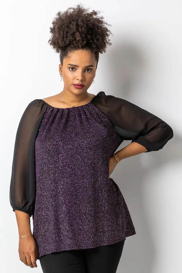 Women Pink Curve Glitter Pleat Detail Top Roman Tops