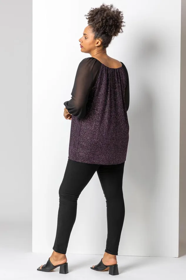 Women Pink Curve Glitter Pleat Detail Top Roman Tops
