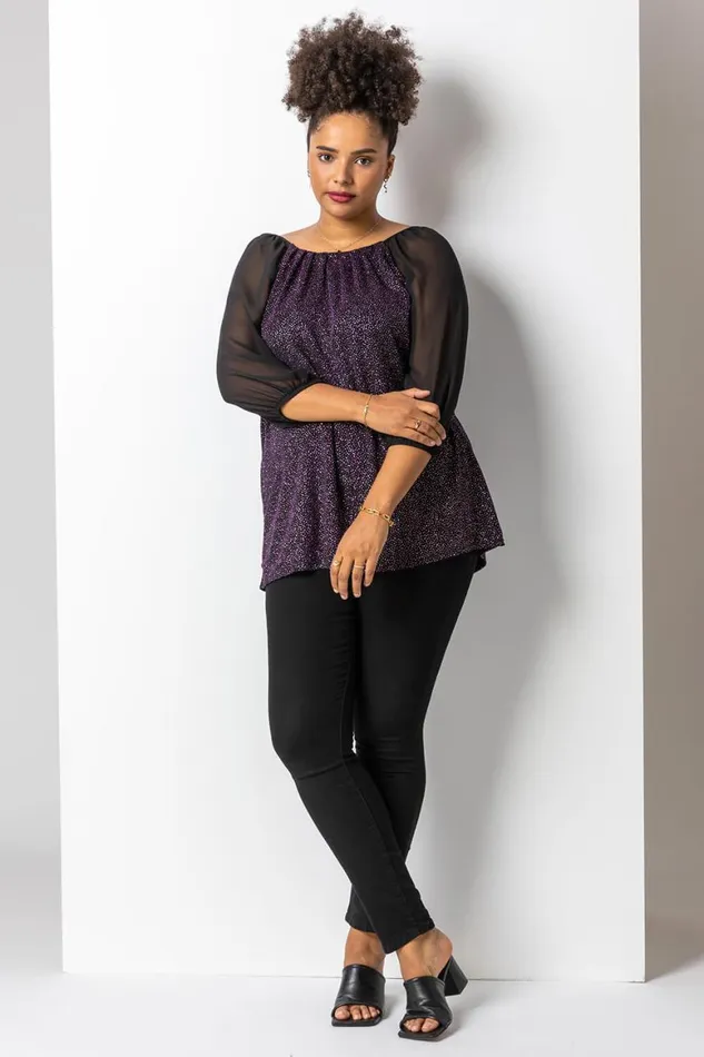 Women Pink Curve Glitter Pleat Detail Top Roman Tops